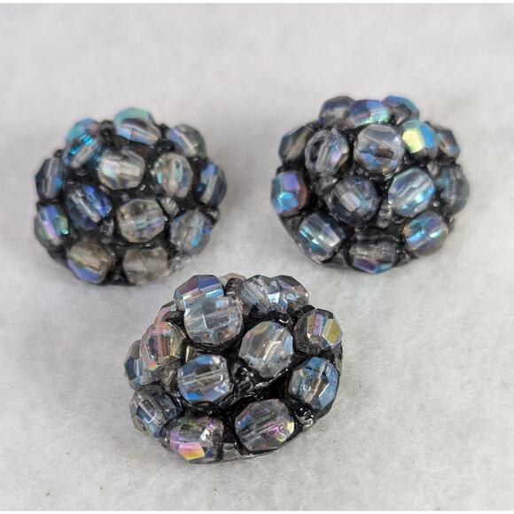 3 Vtge 70"s blue aurora buttons 1 1/8"pot metal backsMade of domed beads EVC - Picture 2 of 4